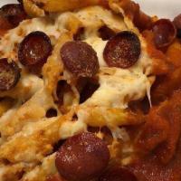 Chicken Pepperoni · Chicken cutlet cubed and tossed in ziti and in homemade sauce, topped with a blend of three ...