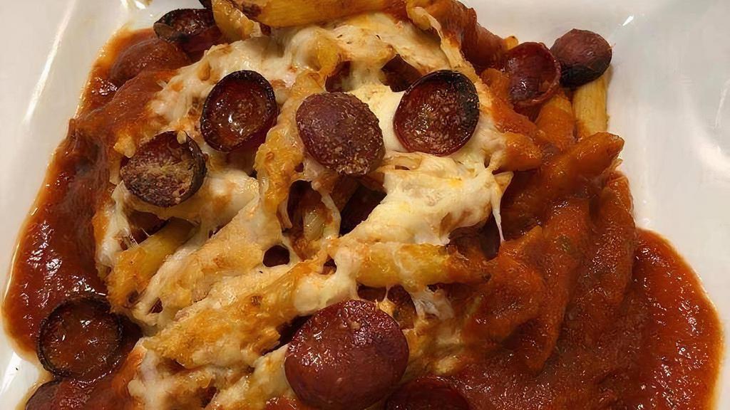 Chicken Pepperoni · Chicken cutlet cubed and tossed in ziti and in homemade sauce, topped with a blend of three cheeses and pepperoni then baked to perfection.