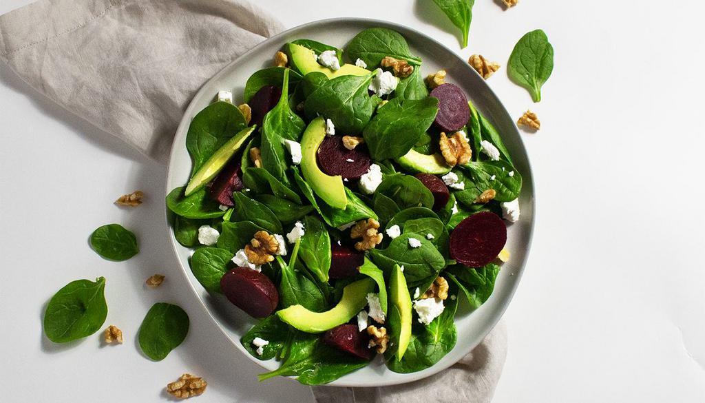 Beet Feta Cheese Salad · Beets, feta, walnuts, and avocado with your choice of greens and dressing.