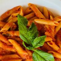 Penne Alla Arrabiata · Penne with a Spicy Tomato Sauce, Garlic & parsley.