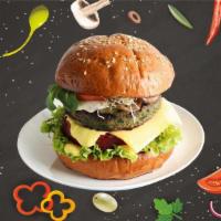 Double Funky Falafel Burger · Double falafel patties, Mediterranean style with fresh greens, pickles, shaved onions, Roma ...