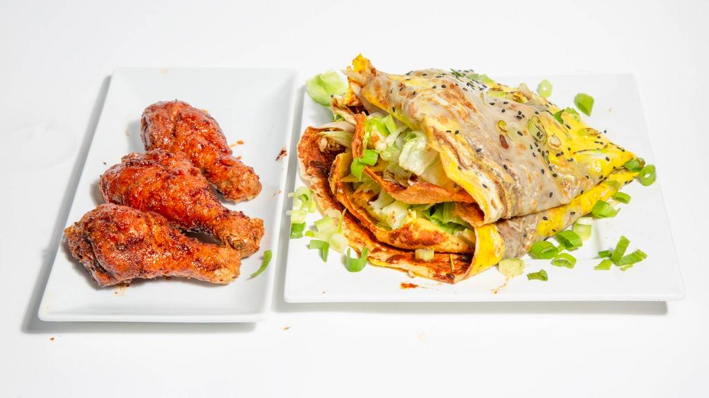 Jianbing + Korean Fried Chicken · Try our newest and hottest item, hot savory layered crepes served with three juicy jumbo Korean Fried Chicken (3 pcs).