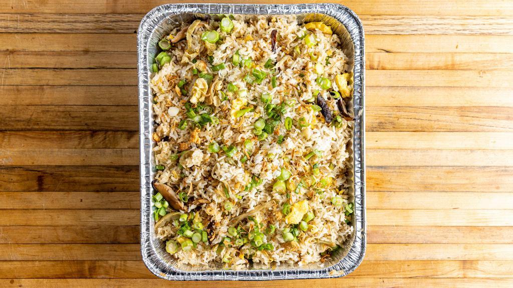Vegetarian Fried Rice · Vegetarian. Gluten free available upon request. Per deep half pan. Shiitake mushrooms, broccoli stems, fried garlic, and egg.