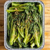 Chinese Greens · Vegan and gluten-free available upon request. Per deep half pan. Steamed Chinese broccoli dr...