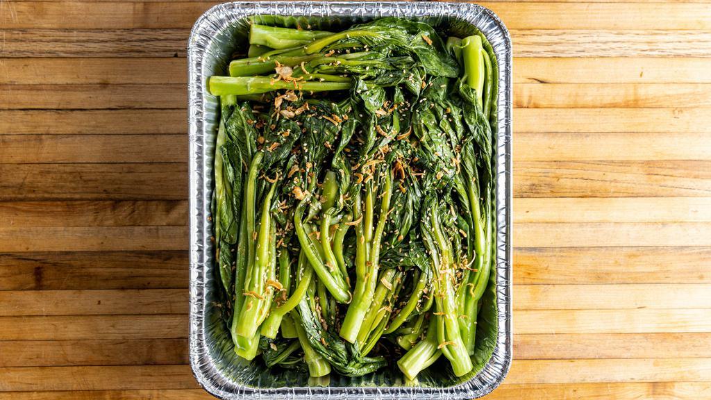 Chinese Greens · Vegan and gluten-free available upon request. Per deep half pan. Steamed Chinese broccoli dressed with oyster sauce, sesame oil, fried shallots, and sesame seeds.
