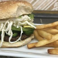 Mexican Burger · Served with Oaxaca cheese, lettuce, tomato, onion, avocado and jalapenos.