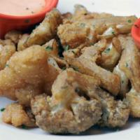 Vegan Fried Cauliflower · Vegan fried cauliflower with chili and creamy mustard sauce.