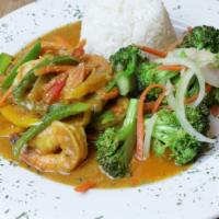 Curry Shrimp · Succulent, crispy shrimp in a curry coconut sauce