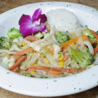 Veggie Cook-Up · A medley of vegetables mixed in a coconut creamy sauce. Served with jasmine rice.
