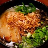 Tonkotsu Shoyu Ramen · Pork broth served with thin noodles topped with chashu pork jowl, kikurage, spinach, scallio...