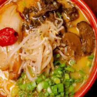 Spicy Tonkotsu Ramen · Pork broth served with thick noodles topped with chashu pork jowl, kikurage, shitake, scalli...