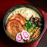 Tonkotsu Ramen · Pork broth served with thin noodles topped with chashu pork jowl, kikurage, menma, scallions...