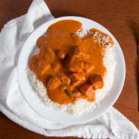 Chicken Tikka Masala(Gf) · boneless chicken breast cooked in a tandoor(clay Oven) then added to a creamy tomato and oni...