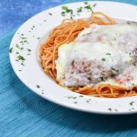 Breaded Chicken Cutlet Parmigiana · Served with spaghetti. Served with soup or salad, bread and butter.