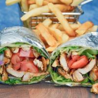 Santorini Wrapper · Sliced grilled chicken breast, lettuce, tomato, cucumber, feta cheese and tzatziki sauce.