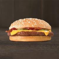 Bacon Checkerburger® With Cheese · Our hand-seasoned, 100% beef hamburger patty topped with crispy bacon, American cheese,  tom...