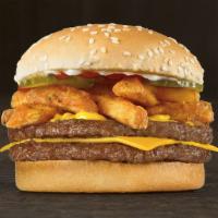 Fry Lovers Burger · There's no such thing as too many fries. Get a hand-seasoned, 100% beef hamburger patty topp...