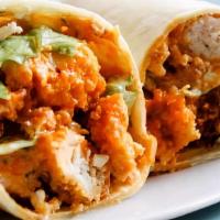 Buffalo Chicken Wrap · Grilled or fried chicken tossed in buffalo sauce with romaine lettuce, diced tomatoes and bl...