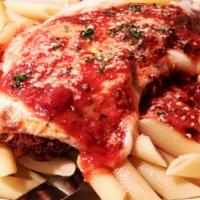 Chicken Parmigiana · Served with your choice of pasta and garlic toast points.