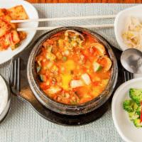 Soon Doo Boo Ji Gae · Very soft bean curd, vegetables, and mixed seafood in spicy broth. Spicy.