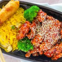 Sesame Chicken Combo Platter · Spicy. Served with egg roll and roast pork fried rice.
