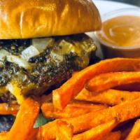 Chimichurri Beef Burger  · Chimichurri flavor beef patty
Topped with lettuce, tomato, grilled onion, cheddar cheese, ch...
