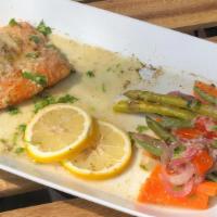Grilled Salmon · White wine, lemon, & garlic sauce.