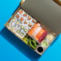 The $Nob · 16 Piece Sushi Rolls Served with Edamame, Soy Sauce, Ginger, and Wasabi.  4x Spicy Tuna Cucu...