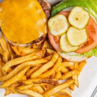 Cheeseburger · Served with fries. Topped with lettuce, tomato, onion and pickles.
