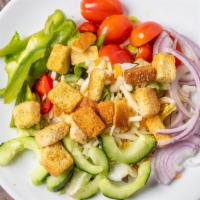 Large Garden · Mixed Greens, Tomato, Cucumber, Onion, Bell Pepper, Croutons, Cheese Blend.