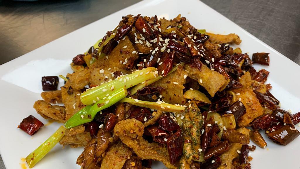 ** 麻花肥肠 / Crispy Pork Intestine Sichuan Style · Medium Spicy.