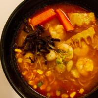 Tom Yum Seafood Ramen · Shrimp, scallop, fish cake, crab stick, sweet corn, bamboo shoot, black mushroom, scallion a...