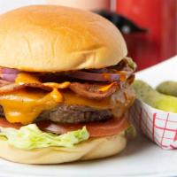 Spicy Chipotle Burger · 6 oz. patty, bacon, cheddar cheese, lettuce, tomato, red onions, pickles, spicy chipotle mayo.