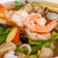 Seafood Soup · Shrimp, scallop, crab meat, white fish and mixed vegetable in.