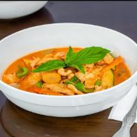 Red Curry · Bamboo shoot, string beans, basil leaf, bell pepper, onion zucchini, mushroom, babycom, with...