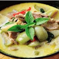 Green Curry · Bamboo shoot, string beans, basil leaf, bell pepper, onion zucchini, mushroom, babycom, with...