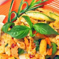Thai Basil · With fresh basil, onion, bell pepper, zucchini, mushrooms, carrot, and spicy basil sauce. Se...