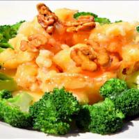 Walnut Shrimp · Crispy shrimp with mayonnaise sauce, top with a walnut. Served with jasmine rice or brown ri...