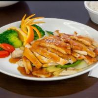 Chicken Teriyaki · Served with jasmine rice or brown rice and salad.