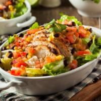 Grilled Chicken Greek Salad · Grilled chicken, romaine tomatoes, bell peppers, onions, kalamata olives, cucumbers, oregano...