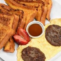 French Toast Platter · Served with eggs, cheese, and choice of bacon or sausage.