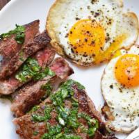 Grilled Skirt Steak & Eggs · Two Eggs Any Style, 6oz Skirt Steak, Served with  Home Fries & Toast.
