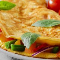 Veggie Omelette · Peppers, tomatoes, fried onions and American cheese.