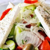Greek Salad · Romaine Lettuce, Feta Cheese, Black Pitted Kalamata Olives, Cherry Tomatoes, Cucumbers, Gree...