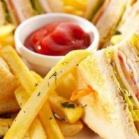 The Club (Tuna Or Turkey) · Triple Decker Turkey Or Tana Salad Sandwich., Bacon, lettuce, tomatoes, mayonnaise, swiss ch...