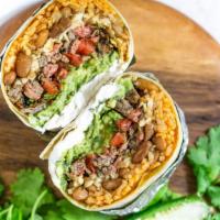 Authentic Mexican Burrito · Server with Homemade black beans, rice, guacamole, Pico De Gallo, sour cream, avocado salsa ...