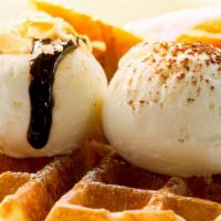 The Ice Cream  Waffle · Topped 2 Scoop Of Our  Assorted Ice Cream Flavors. Substitute Oatmeal Waffle For An Addition...