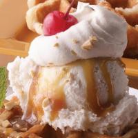 Waffle Sundae · 2 scoops of vanilla bean ice cream, shaved almonds, hot fudge topped with vanilla Chantilly ...