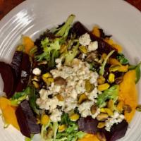 Mediterranean · Mixed Greens, Roasted Red Beets, Gorgonzola, Toasted Pistachios, Sweet Orange Segments, Shal...