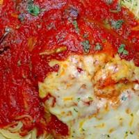 Chicken Parmigiana · Melted Mozzarella, Linguine Marinara.